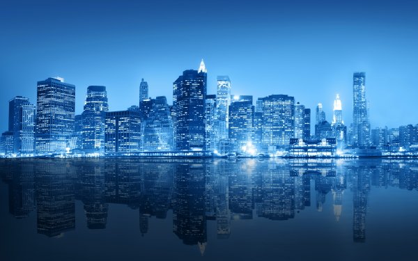 Man Made New York Cities United States Reflection Blue Skyscraper Building City Night Manhattan HD Wallpaper | Background Image