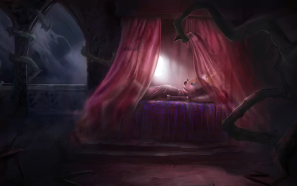 Epic Mickey video game HD PC wallpaper: dim, ruined theater with crimson curtains parted by a beam on a bedlike platform, twisted vines and shadowed, painterly, eerie atmosphere.