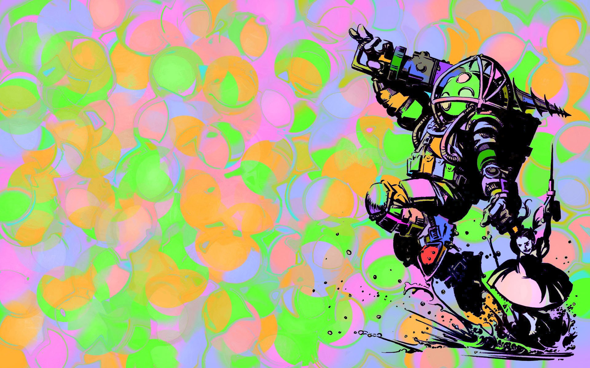 HD PC desktop wallpaper featuring a colorful, abstract art style rendition of a Big Daddy from the video game Bioshock.