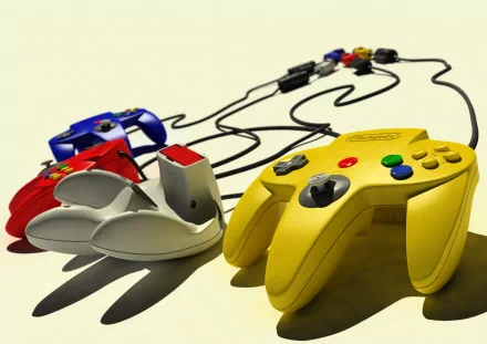A vibrant HD desktop wallpaper featuring an array of Nintendo 64 controllers in red, blue, white, and yellow, showcasing the iconic design of classic video gaming.