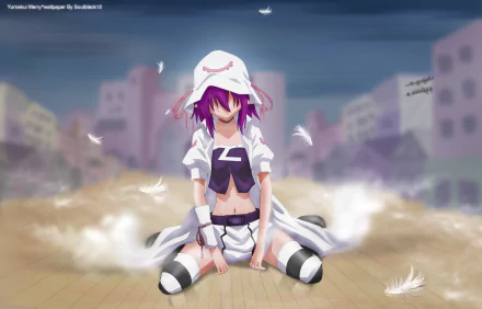 Merry Nightmare anime wallpaper: Yumekui Merry kneeling amid falling feathers and a tattered cloak in a ruined city, 2K Quad HD PC desktop background.