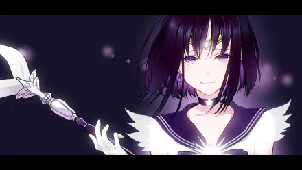 A captivating HD wallpaper featuring Sailor Saturn from the anime Sailor Moon, showcasing her elegant pose and magical staff against a mystical, dark background.