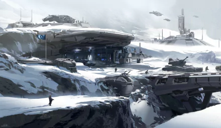 A striking 4K Ultra HD wallpaper from Halo 5: Guardians, showcasing a snowy landscape with futuristic structures and vehicles, evoking the game's immersive sci-fi atmosphere.
