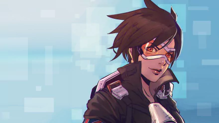 HD desktop wallpaper featuring Tracer from the video game Overwatch, showcasing her iconic goggles and confident expression against a blue geometric background.