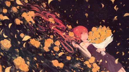 HD PC desktop wallpaper featuring Nekomura Iroha from Vocaloid surrounded by glowing yellow roses against a dark, starry background.