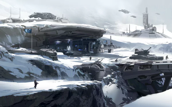 A striking 4K Ultra HD wallpaper from Halo 5: Guardians, showcasing a snowy landscape with futuristic structures and vehicles, evoking the game's immersive sci-fi atmosphere.