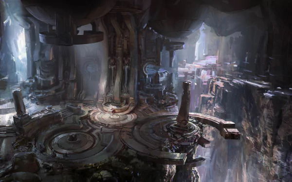 4K Ultra HD Halo 5: Guardians PC desktop wallpaper showcasing a detailed, futuristic cavernous environment with intricate machinery and glowing light accents.