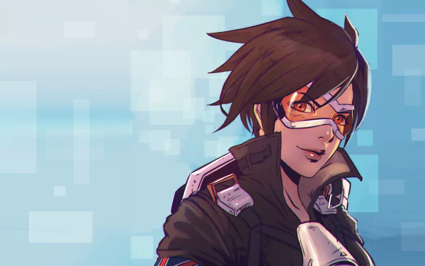 HD desktop wallpaper featuring Tracer from the video game Overwatch, showcasing her iconic goggles and confident expression against a blue geometric background.