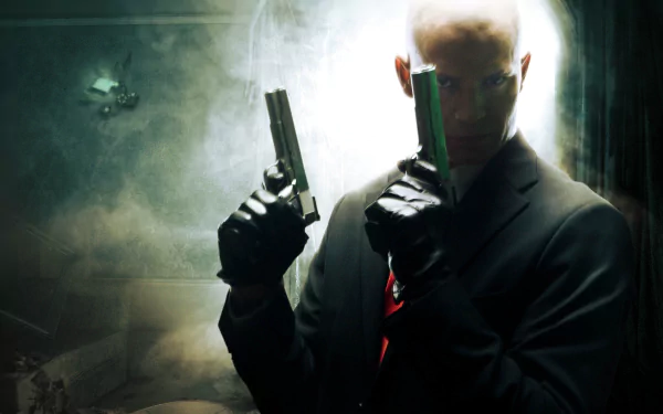 HD PC desktop wallpaper featuring Agent 47 from the Hitman video game, holding two pistols against a dark, smoky background.