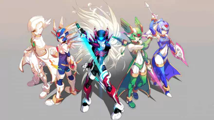 Vibrant HD wallpaper featuring characters from the video game Mega Man Zero, showcasing dynamic poses and colorful designs in a striking composition.