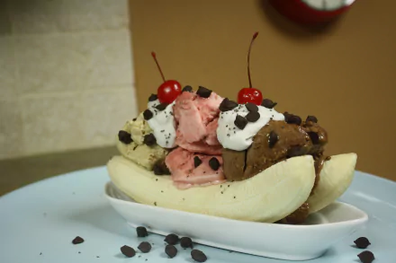 A vibrant 4K Ultra HD wallpaper of a classic banana split with three scoops of ice cream, whipped cream, chocolate chips, and cherries on a white plate.