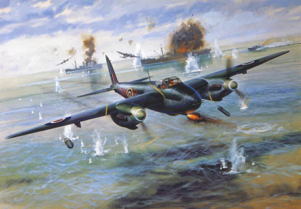 HD military-themed desktop wallpaper featuring a de Havilland Mosquito aircraft flying low over a naval battle scene with ships and explosions in the background.