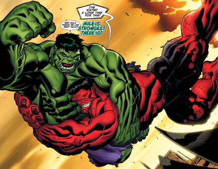 A dynamic comic wallpaper featuring the Red Hulk and Green Hulk battling fiercely, showcasing vibrant colors and intense action. Perfect for any Hulk fan’s desktop background.