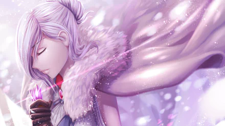 A serene anime character stands amidst a snowy winter landscape, exuding tranquility and strength, with flowing hair and a fur-lined cloak, set against a vibrant backdrop.