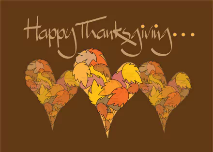 HD PC desktop wallpaper: brown background reading 'Happy Thanksgiving' above three heart shapes filled with orange, yellow and red autumn leaves — holiday Thanksgiving.