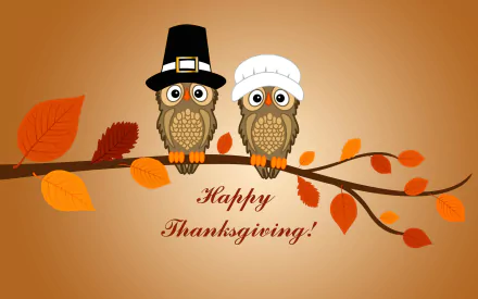 Two adorable owls wearing festive hats sit on a branch surrounded by autumn leaves, celebrating with the cheerful message Happy Thanksgiving! in a warm, inviting background.