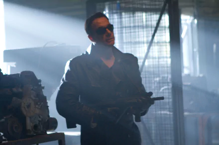  vilain from *The Expendables 2*, Jean-Claude Van Damme stands in a dimly lit warehouse, wearing sunglasses and a long coat, holding a weapon, exuding intensity and power.