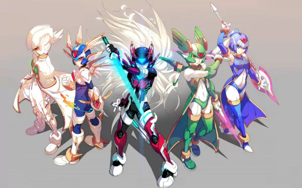 Vibrant HD wallpaper featuring characters from the video game Mega Man Zero, showcasing dynamic poses and colorful designs in a striking composition.