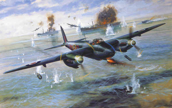 HD military-themed desktop wallpaper featuring a de Havilland Mosquito aircraft flying low over a naval battle scene with ships and explosions in the background.