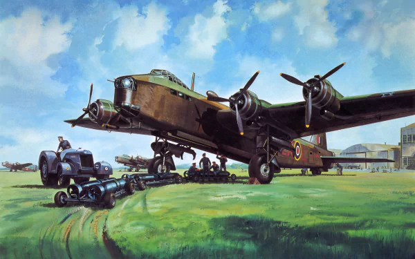 HD PC desktop wallpaper/background — military Short Stirling four-engine bomber on an airfield with crew and ground vehicles beneath a bright blue sky.