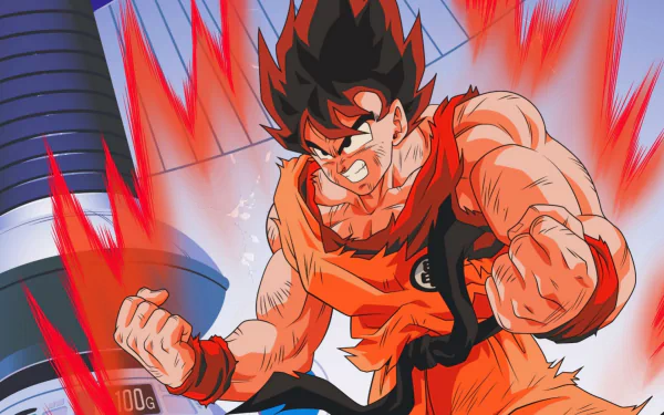 HD desktop wallpaper featuring Goku from Dragon Ball Z in Kaioken form, surrounded by a red aura, clenched fists, and a determined expression.