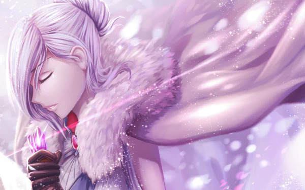 A serene anime character stands amidst a snowy winter landscape, exuding tranquility and strength, with flowing hair and a fur-lined cloak, set against a vibrant backdrop.