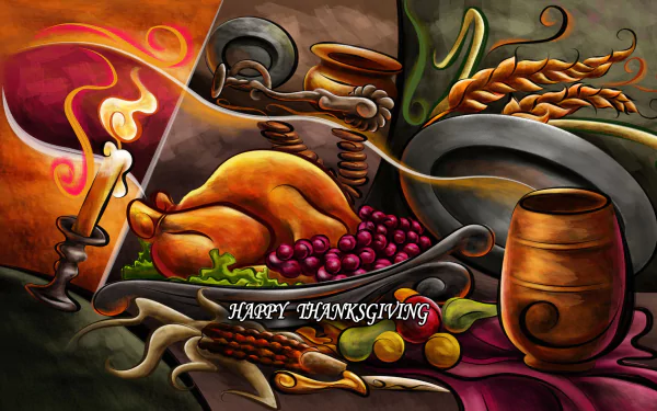 HD PC desktop wallpaper featuring a colorful Thanksgiving holiday feast with a roasted turkey, grapes, candles, and rustic tableware in a vibrant, artistic style.