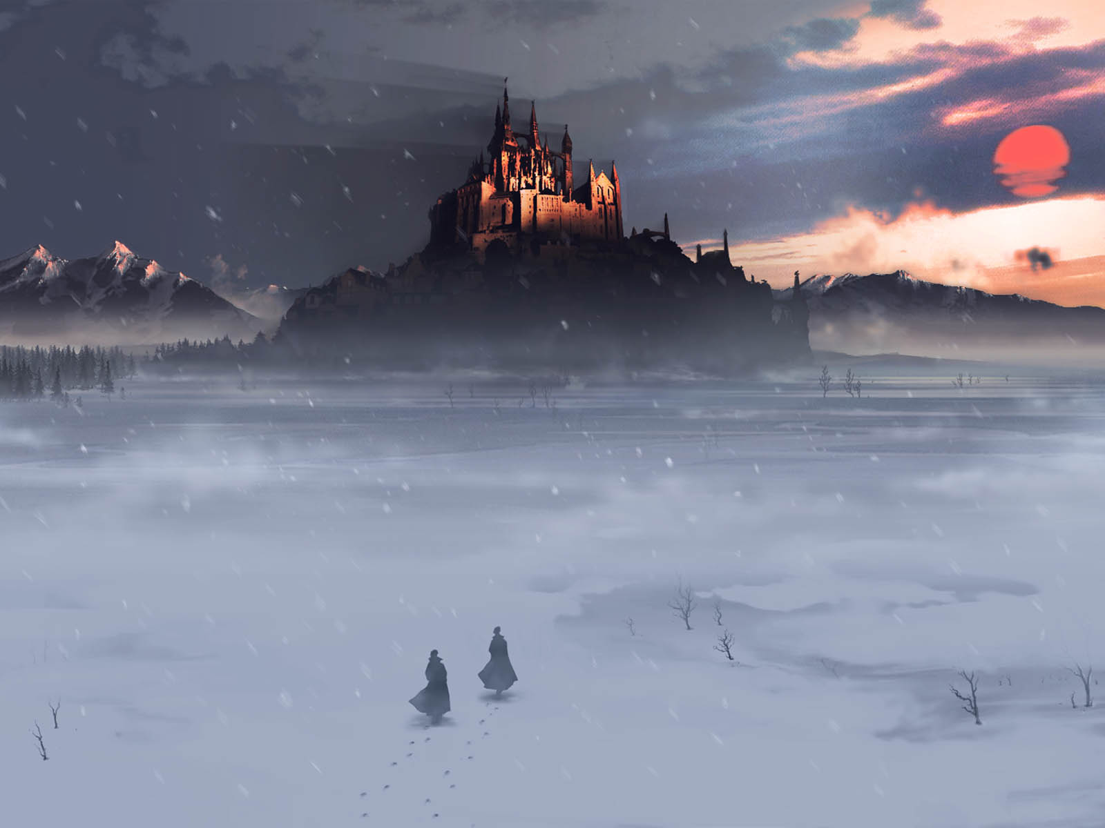 Enchanted Castle at sunset, covered in snow, with a winter vibe.