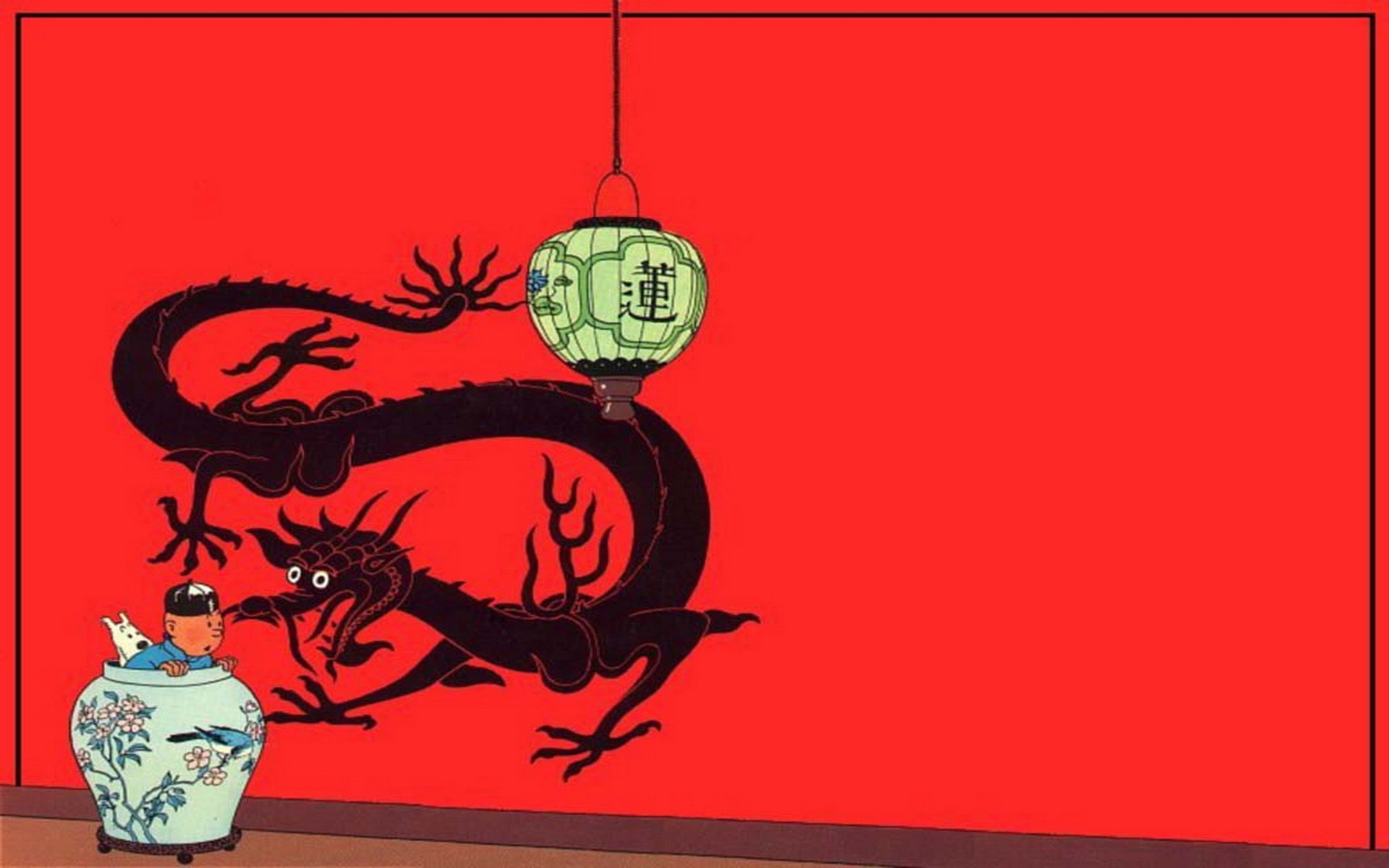 HD PC desktop wallpaper featuring a comic-style scene from The Adventures of Tintin with a black dragon, a Chinese vase, and a hanging lantern on a red background.