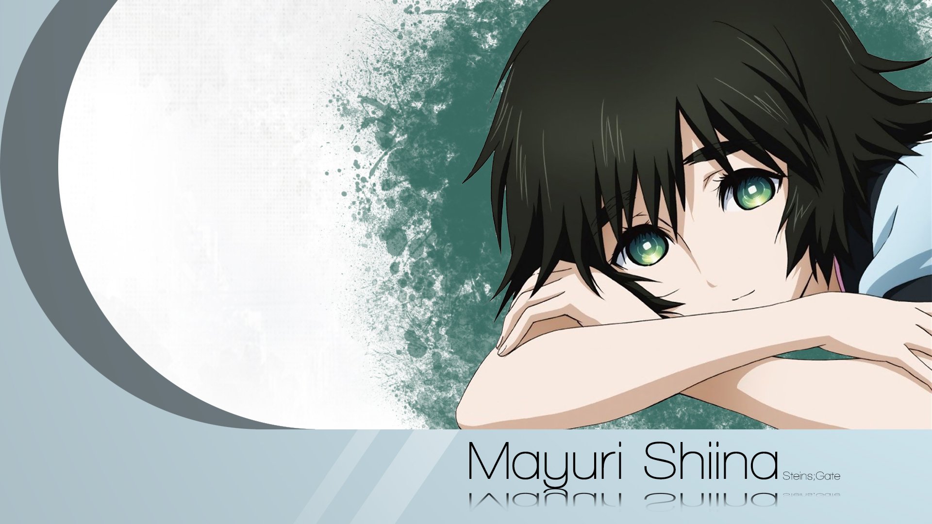 HD PC desktop anime wallpaper of Mayuri Shiina (Steins;Gate) leaning on folded arms, green eyes and short dark hair, set against a large moon and soft teal-white background.