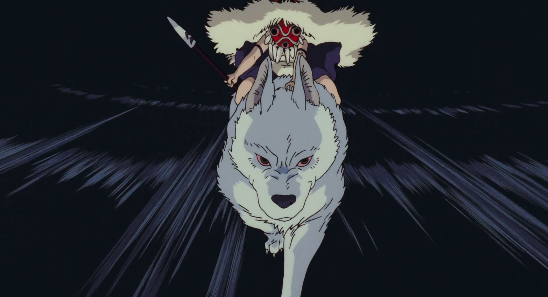 Anime Princess Mononoke HD PC desktop wallpaper: San in her ceremonial mask rides a large white wolf leaping through a dark, streaked night background.