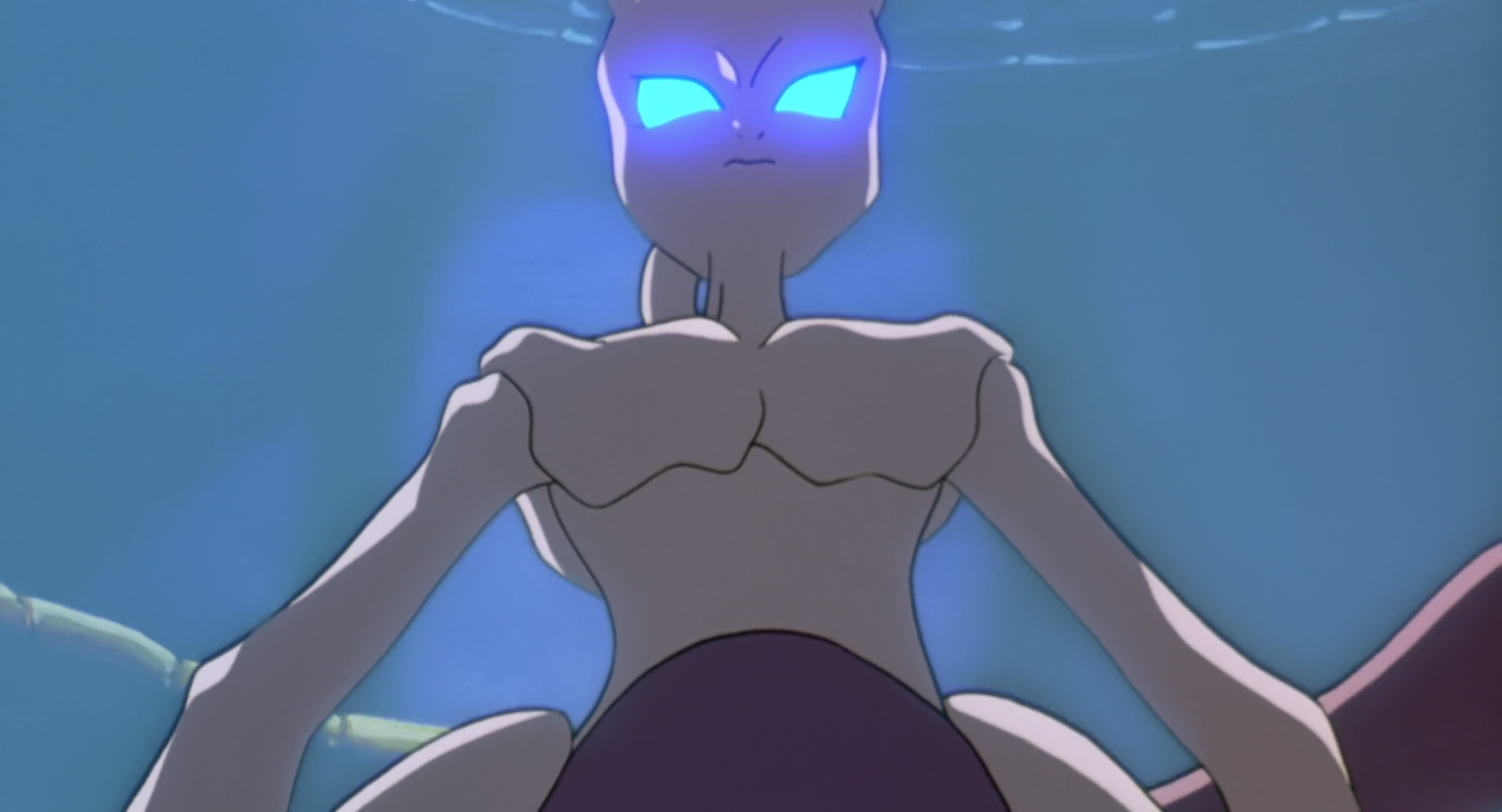 Mewtwo from Pokémon: The First Movie looms with glowing eyes against a deep blue backdrop — anime HD PC desktop wallpaper/background.