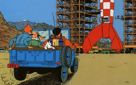 Comic scene from The Adventures of Tintin: Tintin, Snowy and Captain Haddock in a blue jeep approach a red rocket amid scaffolding and mountains — HD PC desktop wallpaper and background.