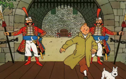 Tintin and his dog, Snowy, confidently escape two guards in this vibrant scene from The Adventures of Tintin, featured as an HD PC desktop wallpaper and background.