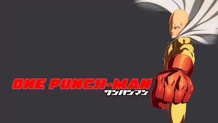HD PC desktop wallpaper featuring Saitama from the anime One-Punch Man, showcasing his iconic pose with a dark background and bold red title text.