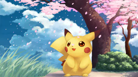 Pikachu stands happily under a blossom tree with petals falling, featuring a blue sky with fluffy clouds. This high-definition desktop wallpaper captures the charm of the Pokémon anime.