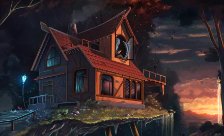 A vibrant fantasy scene featuring a whimsical house perched on a cliff, illuminated by a sunset sky, creating a captivating HD desktop wallpaper.