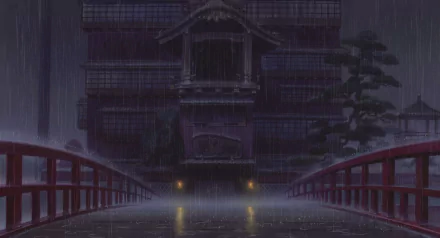 HD PC desktop wallpaper featuring a dark, rainy scene from the anime Spirited Away with a traditional Japanese building and a red bridge in the foreground.