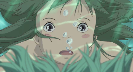 HD anime desktop wallpaper featuring Chihiro from Spirited Away submerged underwater with bubbles and flowing green strands around her.