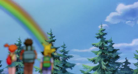 A vibrant HD wallpaper featuring Pikachu, Ash Ketchum, Brock, and Misty against a backdrop of trees and a rainbow, inspired by Pokémon: The First Movie.