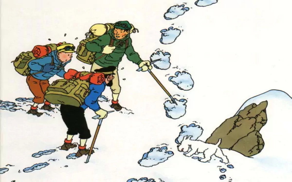HD desktop wallpaper from the comic The Adventures of Tintin, showing Tintin and friends in snowy mountains tracking animal footprints.