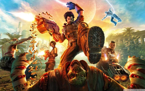 HD PC desktop wallpaper featuring dynamic characters and action from the video game Bulletstorm, showcasing intense combat and vibrant sci-fi elements.