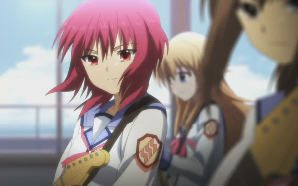 Masami Iwasawa from the anime Angel Beats! stands confidently in the foreground, with two other characters visible behind her, set against a vibrant background.