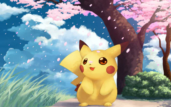 Pikachu stands happily under a blossom tree with petals falling, featuring a blue sky with fluffy clouds. This high-definition desktop wallpaper captures the charm of the Pokémon anime.