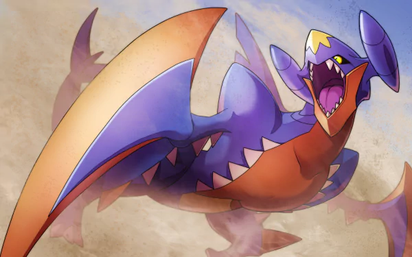 Dynamic Garchomp from Pokémon roars in this vibrant HD anime wallpaper, showcasing its fierce design and striking colors against a sandy background.