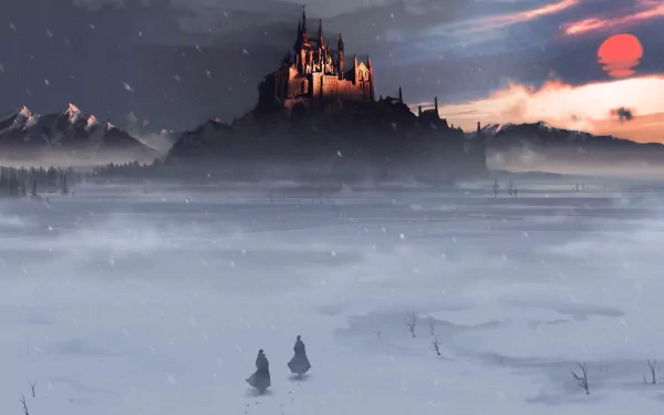HD desktop wallpaper of a fantasy castle set against a snowy winter landscape with a sunset in the background.