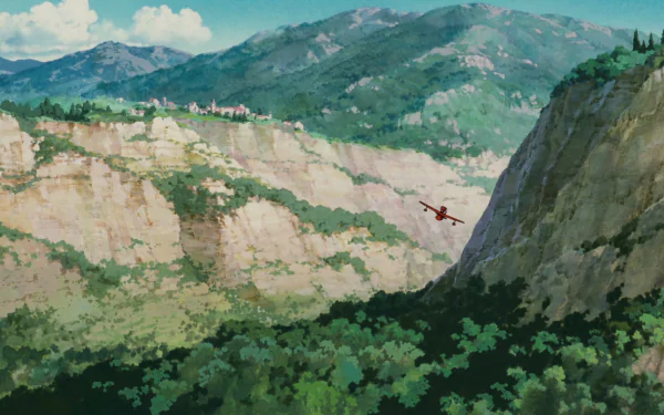 Anime Porco Rosso HD PC desktop wallpaper background: red seaplane soars between sunlit cliffs over a lush green valley with a distant village and blue mountain sky.