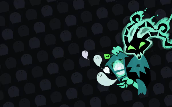 HD PC desktop wallpaper featuring Thresh from the video game League of Legends, depicted in a stylized, glowing teal and black design with ghostly elements.