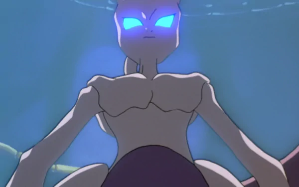 Mewtwo from Pokémon: The First Movie looms with glowing eyes against a deep blue backdrop — anime HD PC desktop wallpaper/background.