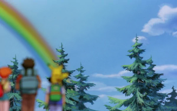 A vibrant HD wallpaper featuring Pikachu, Ash Ketchum, Brock, and Misty against a backdrop of trees and a rainbow, inspired by Pokémon: The First Movie.